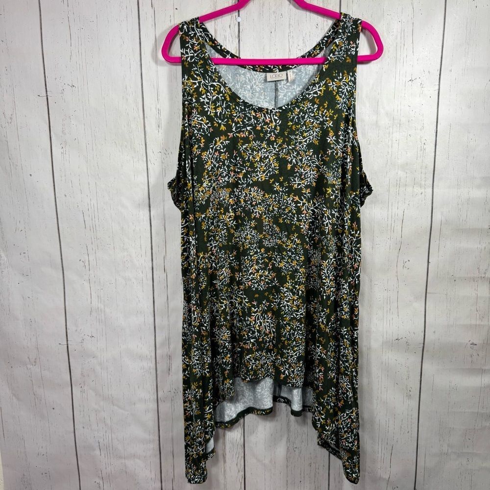 LOGO Lori Goldstein Olive Floral Handkerchief Tunic Top 3X Cottagecore Artsy